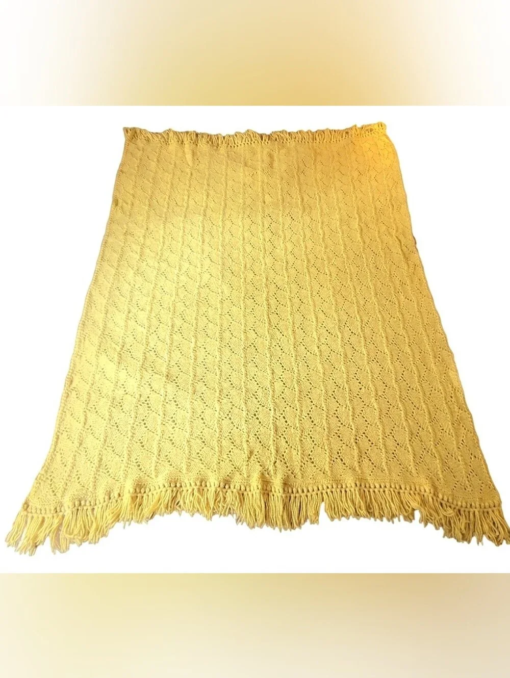 Vintage Yellow Knit Afghan Throw Blanket Fringe | Mid Century Old Shale Feather